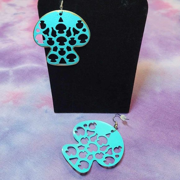 Handmade Metal Aqua & Gold Mushroom Cutout Earrings - Picture 2 of 4